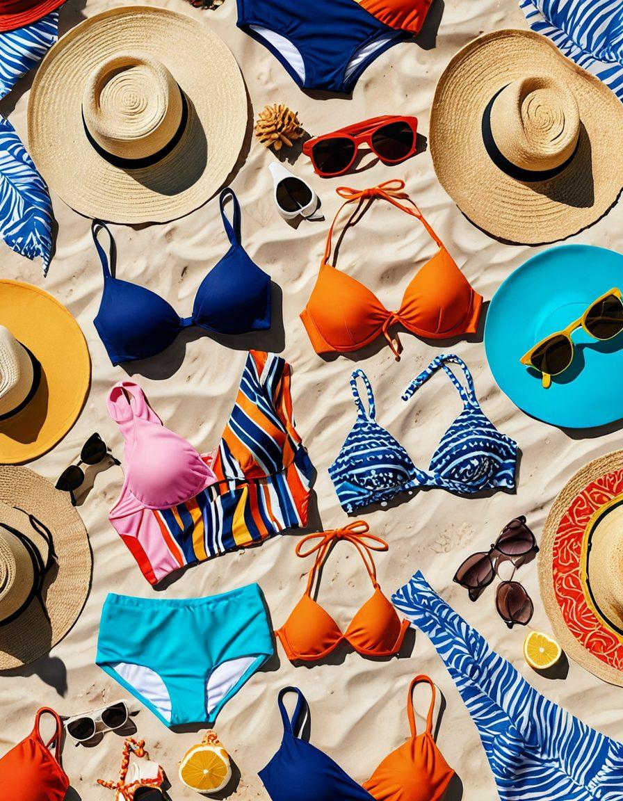 A stylish flat lay of diverse bikinis showcasing various body shapes on a bright beach backdrop, surrounded by summer accessories like sunglasses, sunscreen, and a beach hat. The bikinis should reflect the latest trends with vibrant patterns and colors that appeal to all figures. Add a hint of ocean waves in the background for a refreshing feel. bright colors. summer theme. high-resolution.