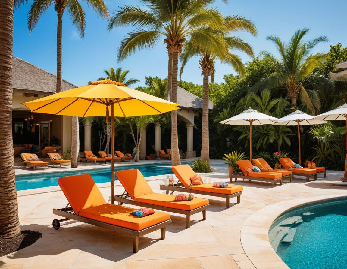 A vibrant beach scene transitioning seamlessly into a luxurious poolside setting, featuring diverse models showcasing stylish swimwear. The beach side should have golden sands, crashing waves, and palm trees, while the poolside offers lounge chairs, umbrellas, and refreshing cocktails. Incorporate bright colors and playful patterns in the swimwear designs, capturing both casual beach vibes and elegant poolside luxury. super-realistic. vibrant colors. playful composition.